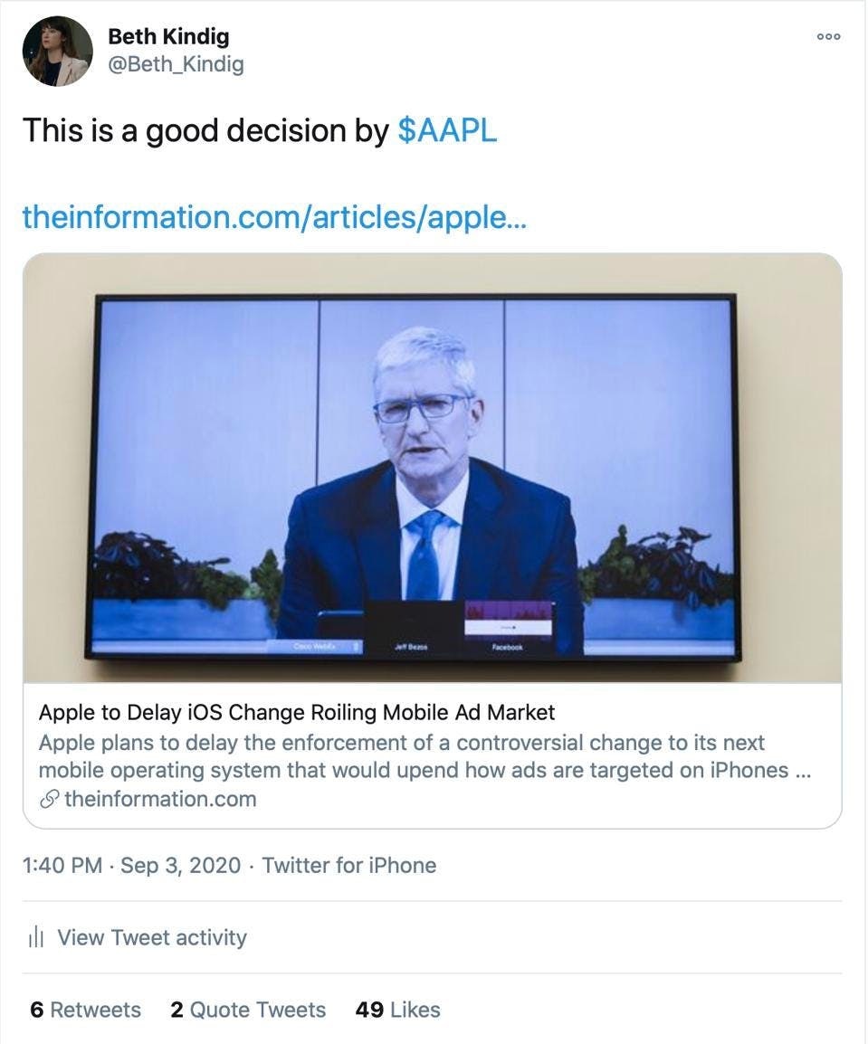 BETH KINDIG Tweet about Apple's iOS change