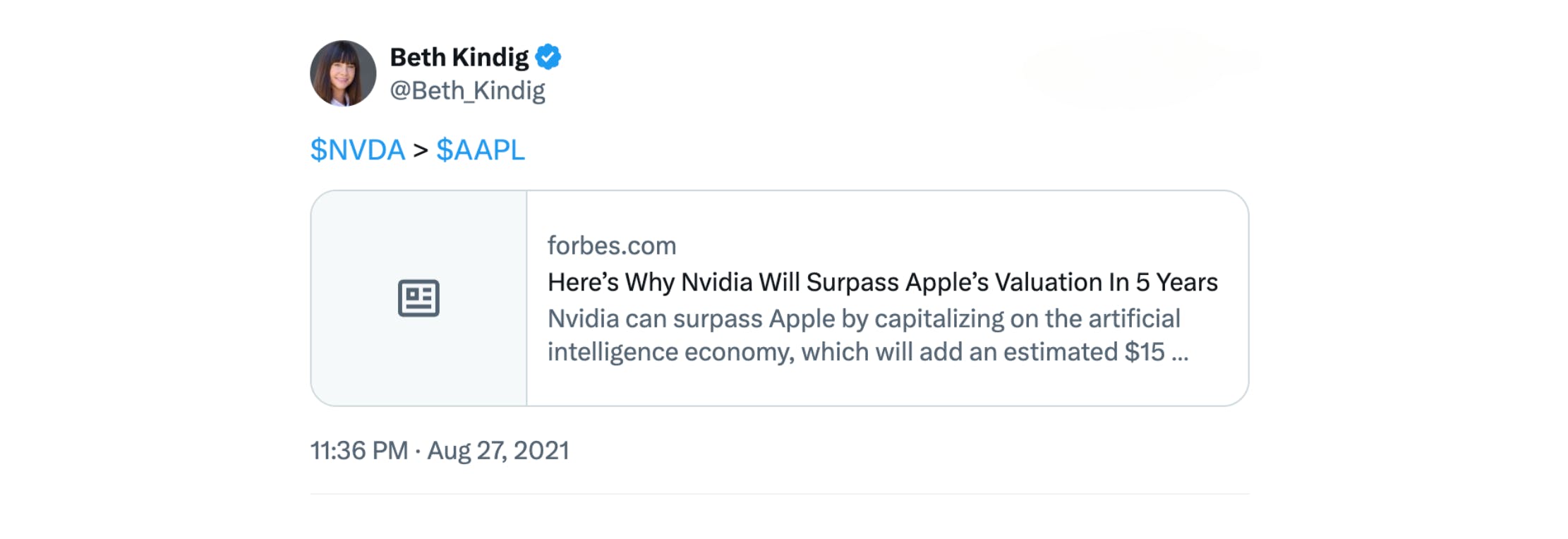 screenshot of a Twitter post by Beth Kindig, showing an article link titled "Here's Why Nvidia Will Surpass Apple's Valuation In 5 Years".