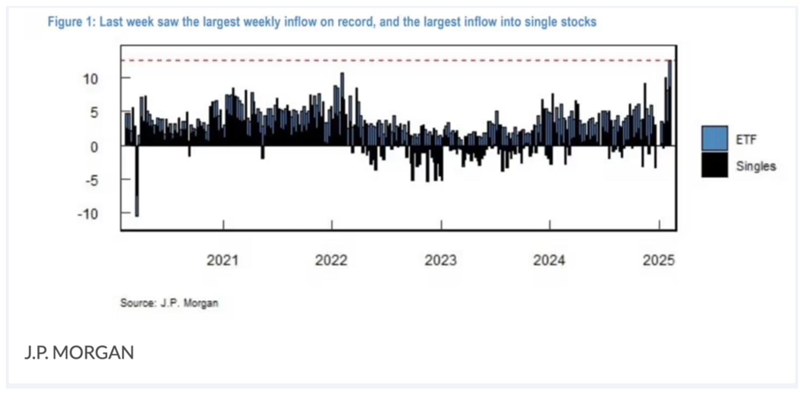 Chart showing record retail fund inflows into equities at the February market top, with JP Morgan reporting over 70% of this money flowing into the Magnificent 7 stocks.