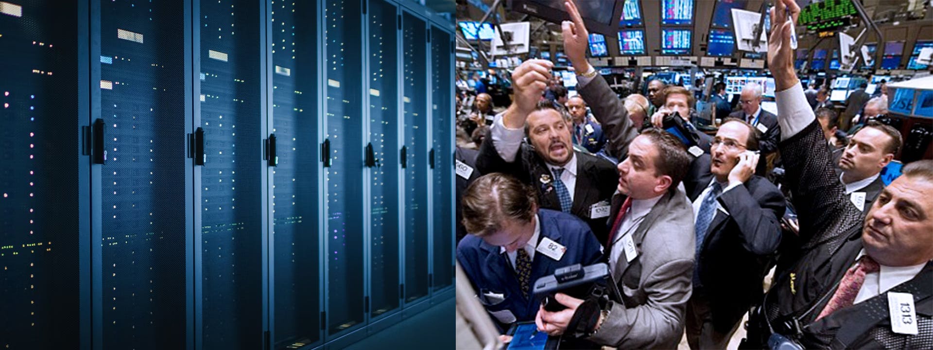 a busy stock exchange trading floor with traders reacting to screens