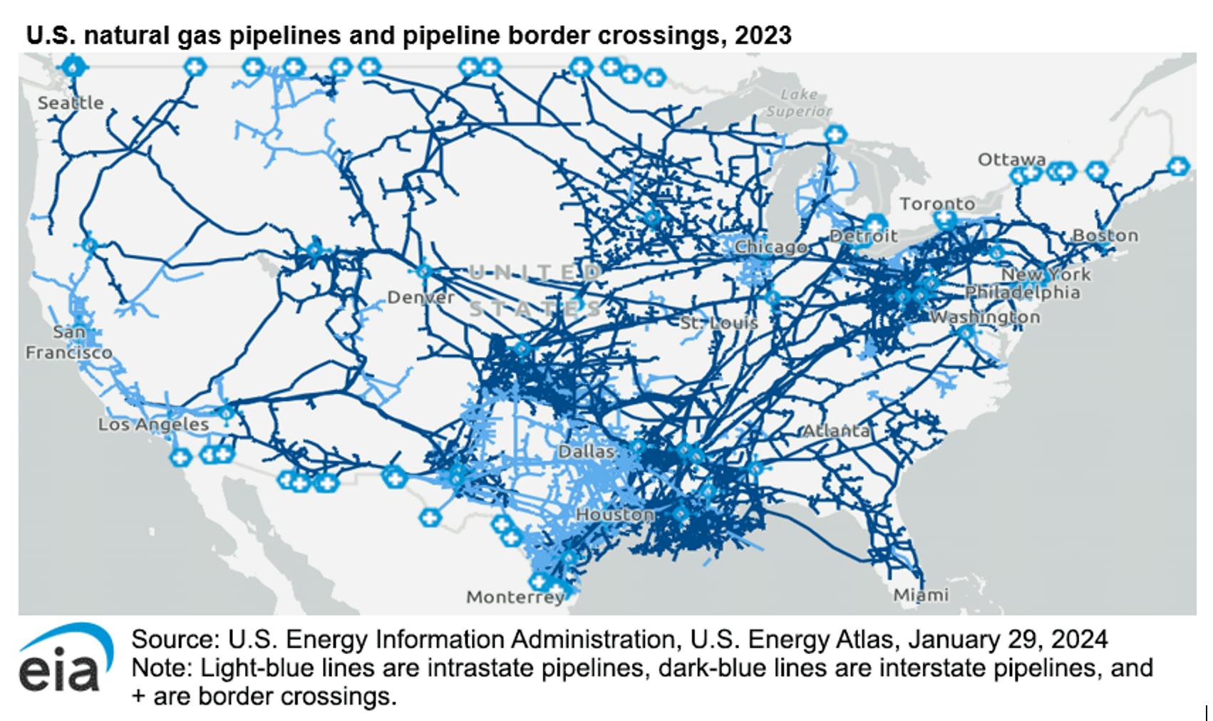 Map of Texas highlighting dense natural gas pipelines, supporting AI data center expansion, including Project Stargate’s Abilene construction site.