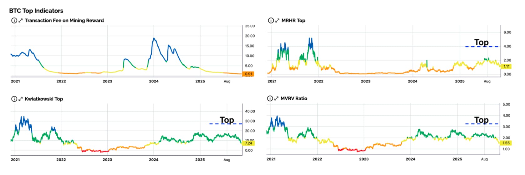 WealthUmbrella on-chain chart showing Bitcoin cycle top indicators remain below euphoric or overbought levels, suggesting current volatility is driven by ETF selling rather than signaling a final cyclical top typical of past bull cycle endings.